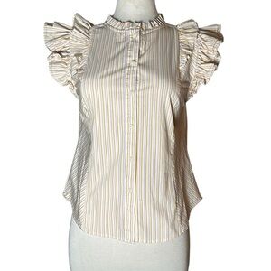 Ruffled Cap Sleeve Button Down sleeveless crew neck Stripe Blouse Top S cream